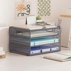 Subekyu Paper Letter Tray Organizer for Desk, Gray Metal Mesh Desk File Sorter Organizer with Handle and 2 Sliding Trays for Home Office School Supplies Organization