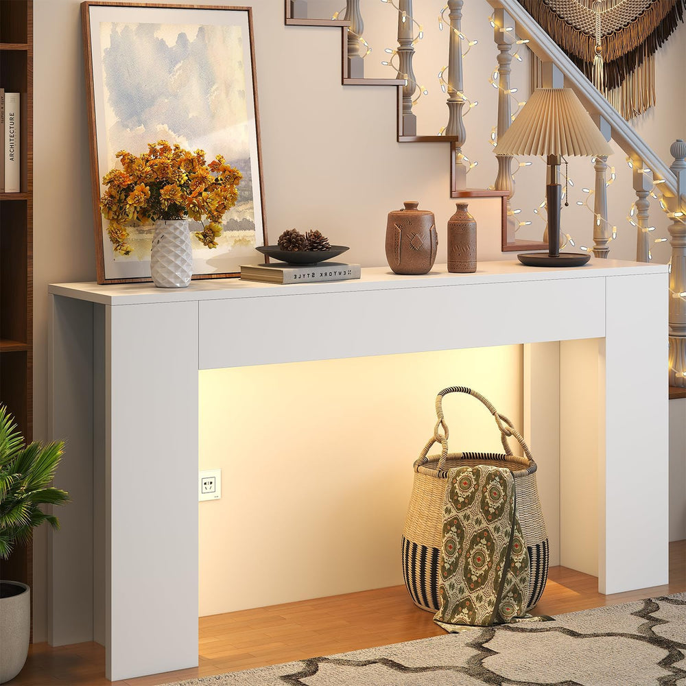 knoworld 63-Inch Long Console Table with LED Light, Farmhouse Sofa Table Behi...