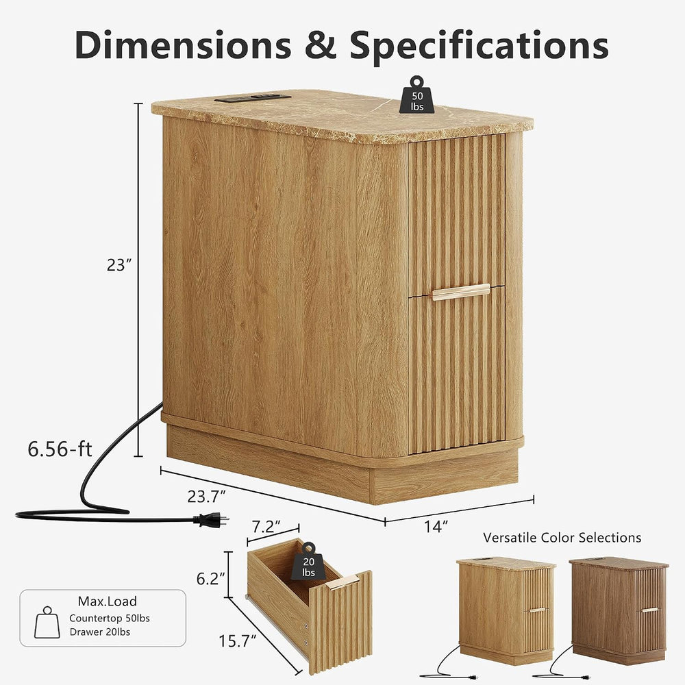 win2win Narrow End Table with Charging Station, Fluted Side Table with Faux M...