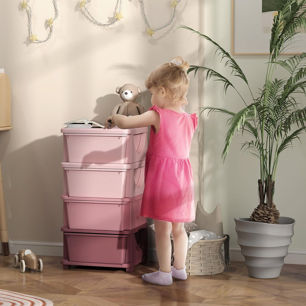 Qaba 4 Tier Kids Storage Unit, 4 Drawer Chest Toy Organizer Plastic Bins for Kids Bedroom Nursery Kindergarten Living Room for Boys Girls Toddlers, Pink
