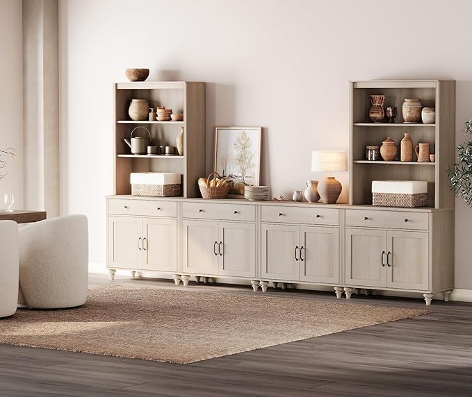 WAMPAT Entertainment Center with Bookshelves for TVs up to 75", Farmhouse Wall Unit TV Stand with 8 Doors & 4 Drawer, Media Console Table for Living Room, Bedroom & Home Theater, Beige