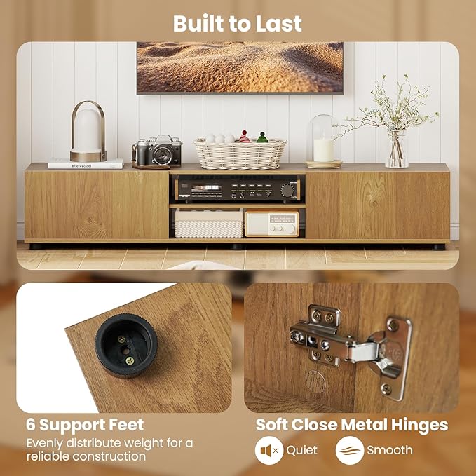 Tangkula Modern TV Stand for up to 70” TVs, 63”L Minimalist Entertainment Center w/ 2 Doors & Open Shelves, Media Console Table Storage Cabinet with 6 Support Feet for Living Room (Natural, 63”L)