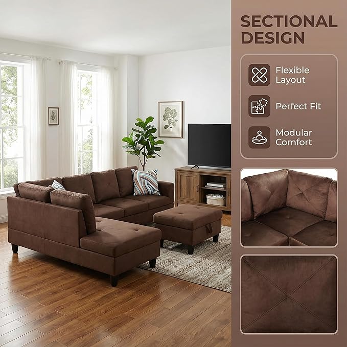 3-Piece L-Shaped Modular Leather Sofa – Convertible Sectional Couch with Movable Chaise & Storage Ottoman, Multi-Scene Use for Living Room, Apartment & Office, Brown