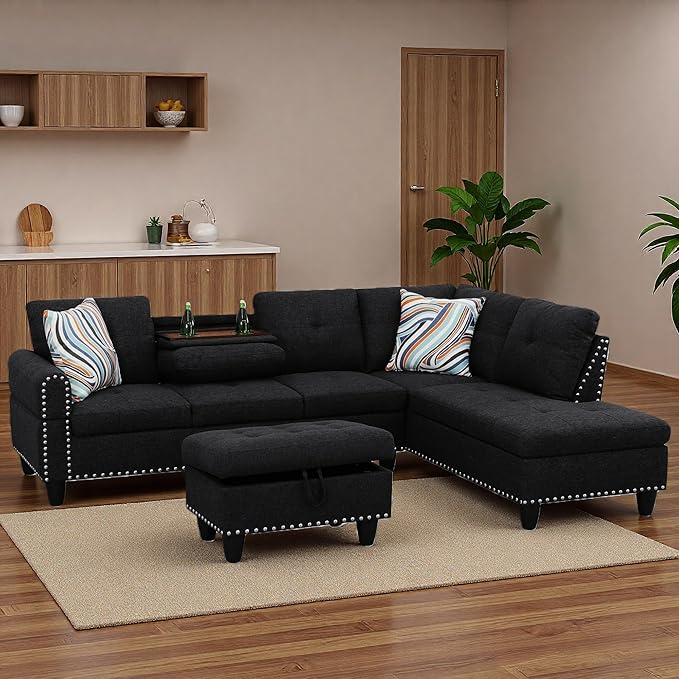 Sectional Couches for Living Room with Movable Chaise & Storage Ottoman -...