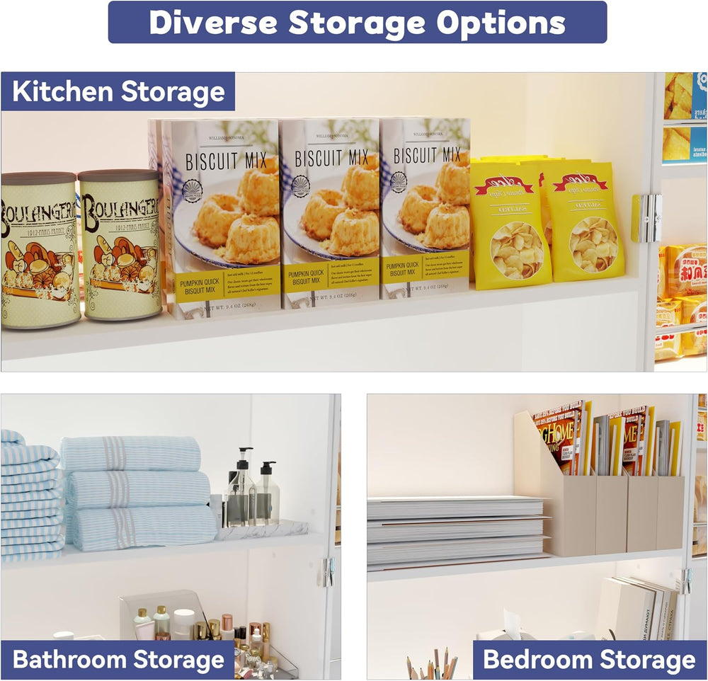 FJTJBSI 72" LED Kitchen Pantry Cabinet with 3 Drawers Farmhouse Tall Sto...