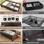 KITHELP Wooden Under Bed Storage with Wheels, Rolling Under the Bed Storage Bins with Removable Lid, Metal Under Bed Drawers for Clothes and Shoes in Bedroom or Living Room(Black Wood-1pack)