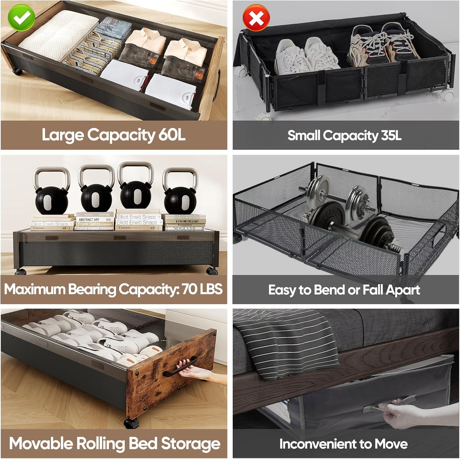 KITHELP Wooden Under Bed Storage with Wheels, Rolling Under the Bed Storage Bins with Removable Lid, Metal Under Bed Drawers for Clothes and Shoes in Bedroom or Living Room(Walnut Brown-2pack)