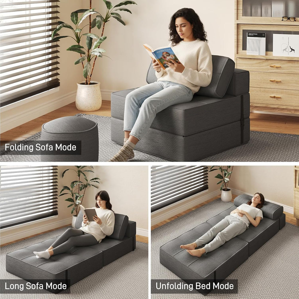 XVD Folding Sofa Bed with Ottoman, 3-in-1 Convertible Floor Sleeper Chair w/2...