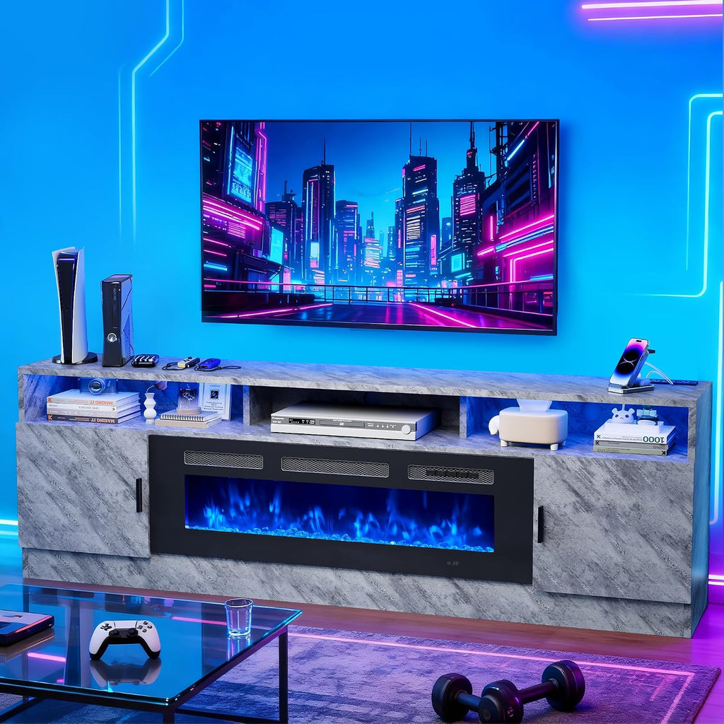 80" Fireplace TV Stand with Power Outlet, Entertainment Center with 36" Fireplace for TVs Up to 90", Modern TV Console for Living Room with High Gloss Storage Cabinet & LED Lights, Gray-Black