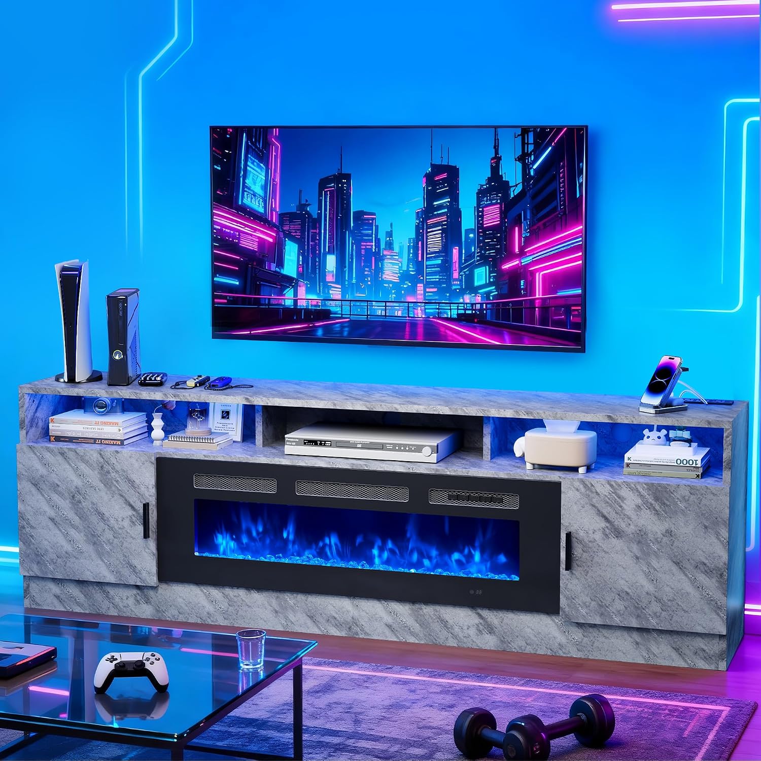 80" Fireplace TV Stand with Power Outlet, Entertainment Center with 36" Fireplace for TVs Up to 90", Modern TV Console for Living Room with High Gloss Storage Cabinet & LED Lights, Gray-Black