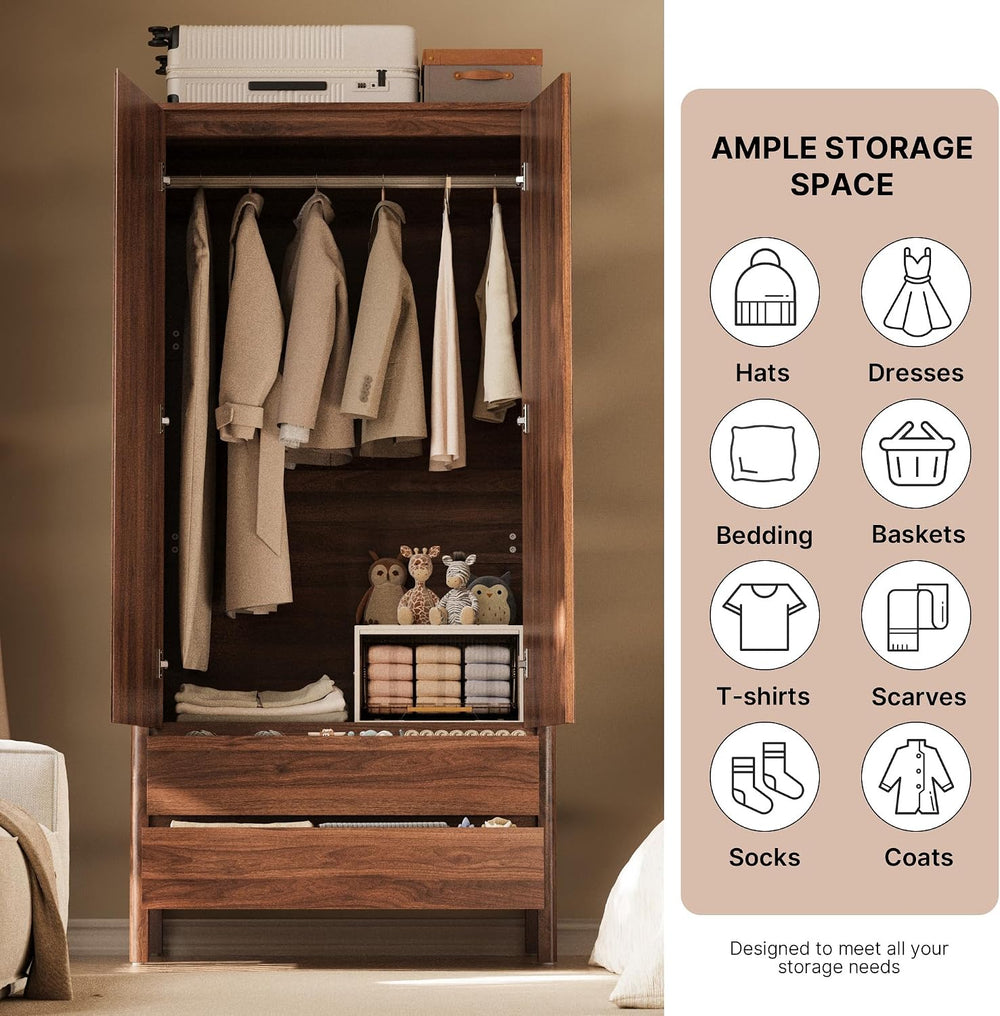 MAISONARIA Wardrobe with 2 Doors and 2 Drawers, 70.9”H Modern Walnut Bedroom ...