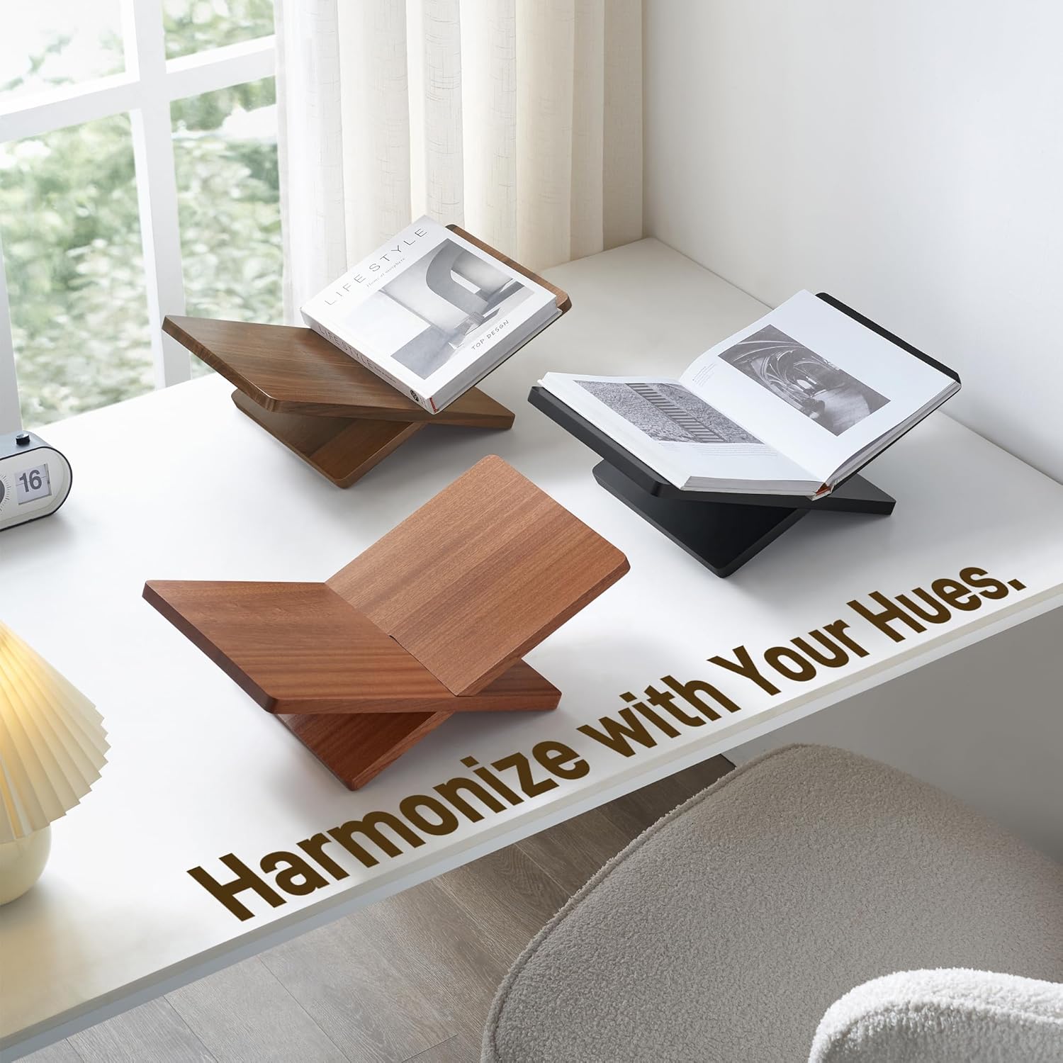 Solid Wooden Book Stand for Desktop Display & Reading –15.7" x 9.4" x 5.7” Extra Large Wood Open Book Holder for Cookbook, Bible, Recipe, Textbook, Magazine (Solid Black Finish Wood)