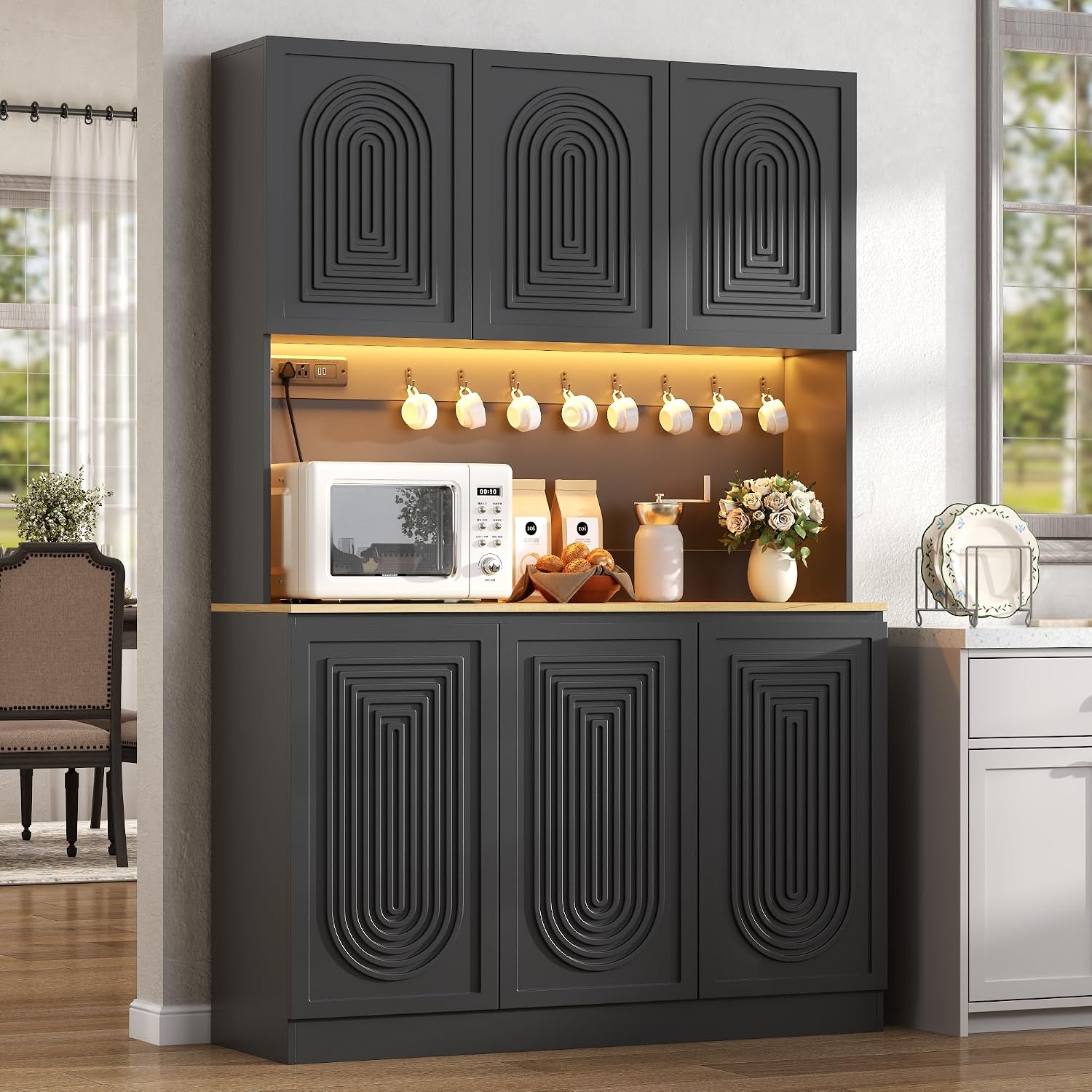 Gyfimoie 71" Kitchen Pantry with Power Outlet & LED Light, Large Kitchen Hutch Cabinet with Adjustable Shelf, Modern Buffet Cabinet with 6 Doors, Food Pantry Storage for Dining Room (Black - 6 Doors)