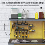 CCCEI Modular Power Tool Organizer Wall Mount Charging Station, Yellow 6 Drills Holder with 8 Plug Power Strip, Garage Drill Battery Heavy Duty Metal Shelf, Utility Rack with Hooks, Side Storage.