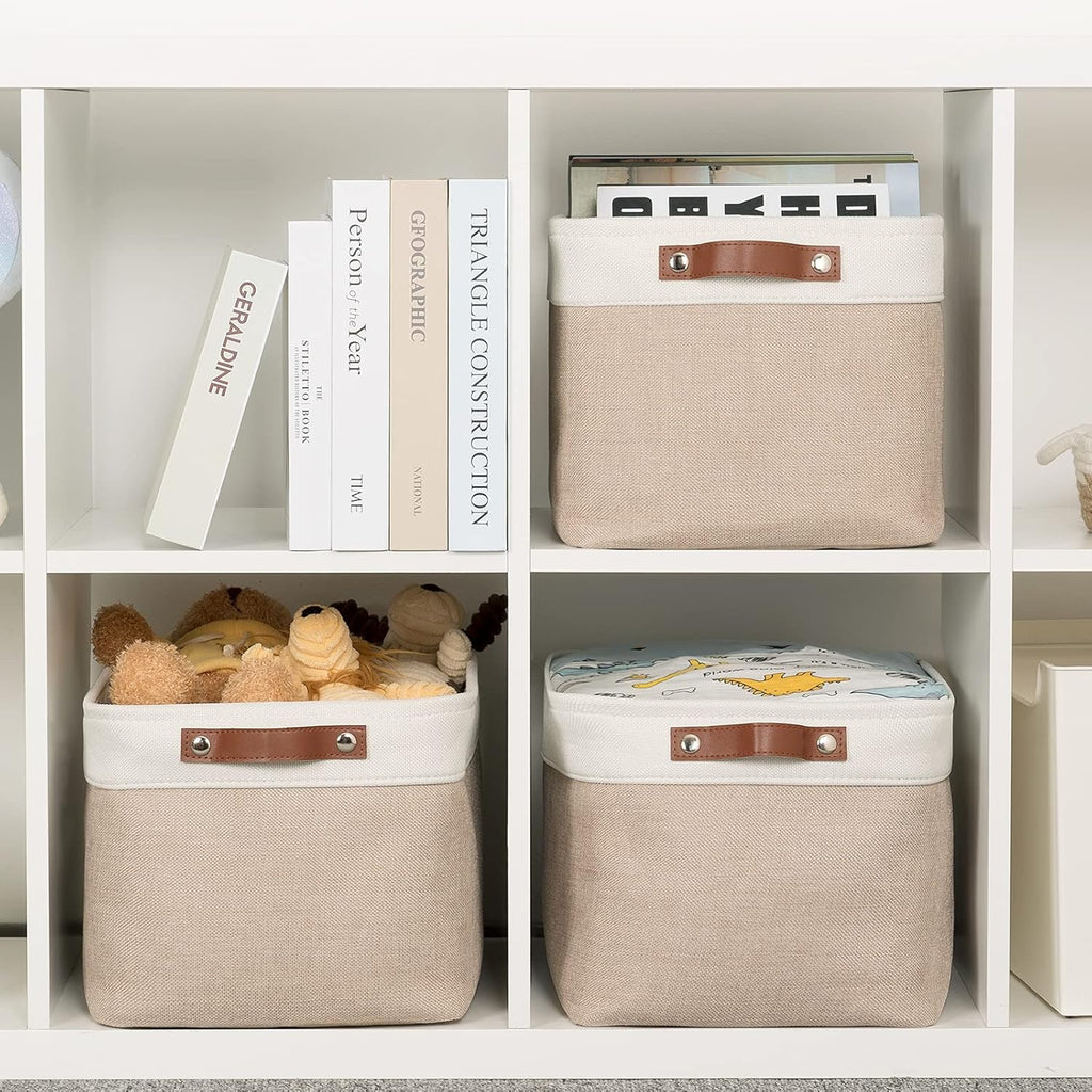 HNZIGE Fabric Storage Baskets for Shelves, Large Collapsible Storage Baskets for Organizing, Decorative Baskets Bins Set with Handles for Closet, Clothes,Home (3 Pack, White&Khaki,15" x 11" x 9.5")