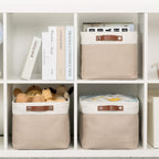 HNZIGE Fabric Storage Baskets for Shelves, Large Collapsible Storage Baskets for Organizing, Decorative Baskets Bins Set with Handles for Closet, Clothes,Home (3 Pack, White&Khaki,15" x 11" x 9.5")
