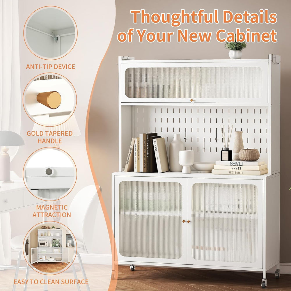 Rolling Kitchen Pantry Cabinet with 2 Glass Doors & Adjustable Shelves, F...