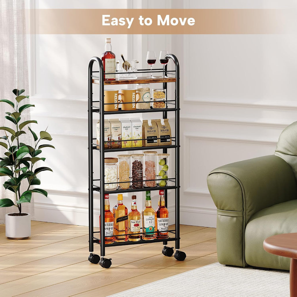 Slim Storage Cart, 5 Tier Narrow Utility Cart with Metal Frame and Wooden Top, Rolling Storage Organizer Shelving Unit for Kitchen, Dining Room, Living Room,Home Office, Vintage