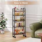 Slim Storage Cart, 5 Tier Narrow Utility Cart with Metal Frame and Wooden Top, Rolling Storage Organizer Shelving Unit for Kitchen, Dining Room, Living Room,Home Office, Vintage