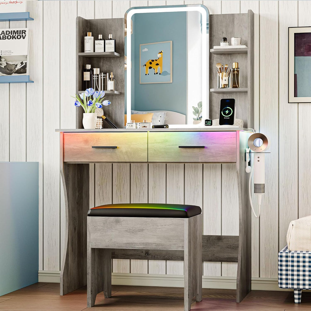 Vanity Desk with LED Lights Mirror & Power Outlet, Small Makeup Vanity Ta...