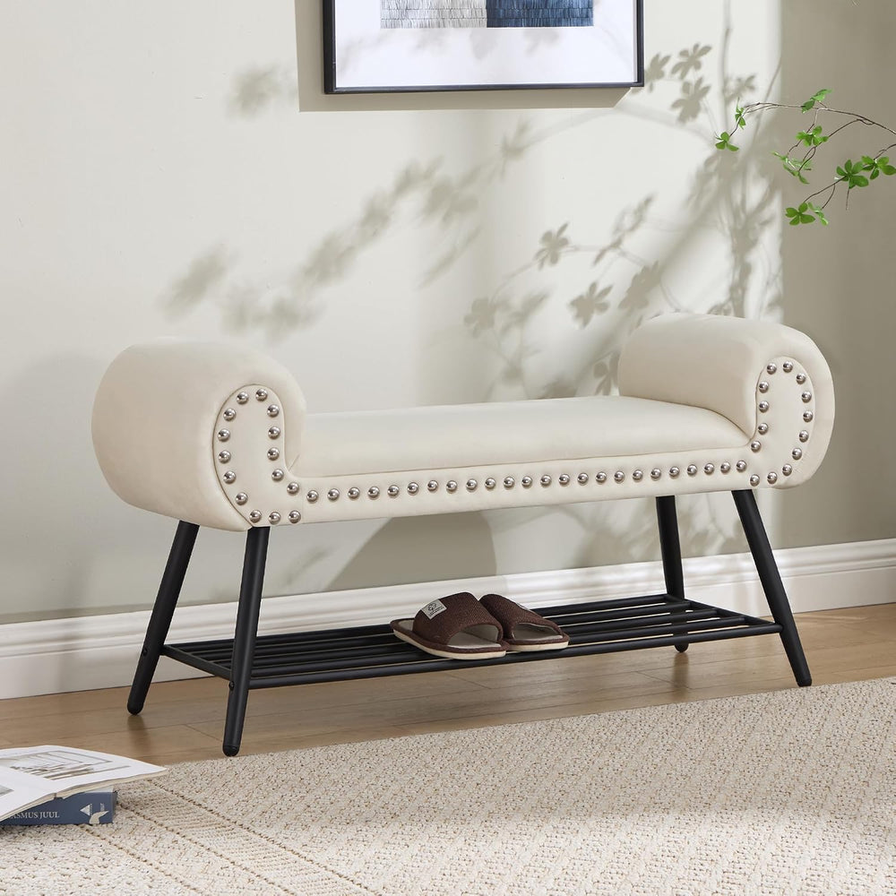 End of Bed Bench with Shoe Shelf, 45" Modern Velvet Upholstered Bedroom ...
