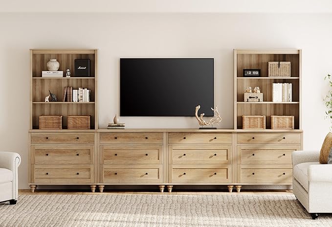 WAMPAT Entertainment Center with Bookshelves for TVs up to 75", Farmhouse Wall Unit TV Stand with Drawers, Media Console Table for Living Room, Bedroom & Home Theater, Oak