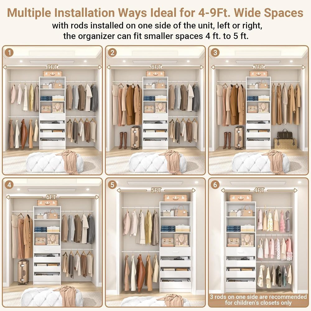 Aheaplus Closet System, 4-9Ft Closet Organizer with 4 Wooden Drawers, White