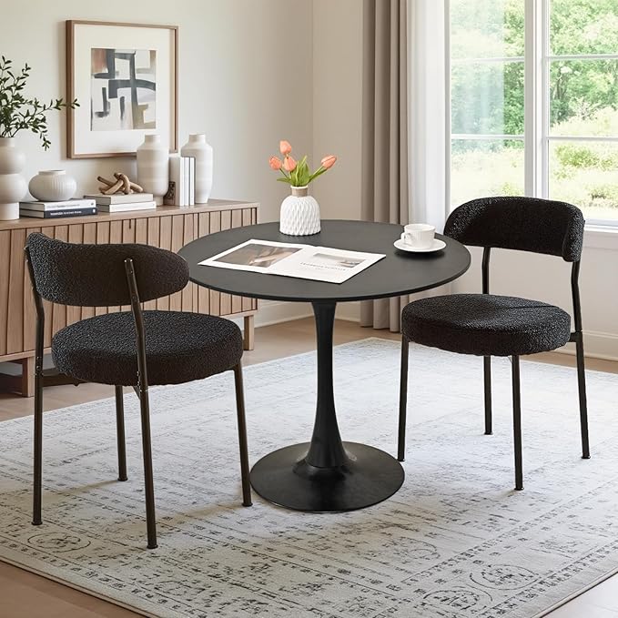 SoarFlash Kitchen Table and Chairs for 2, 31.5" Dining Table Set for 2 with Boucle Upholstered Chairs, 3 Piece Round Kitchen Table Set, Dining Room Table Set for Small Space, Apartment, Black