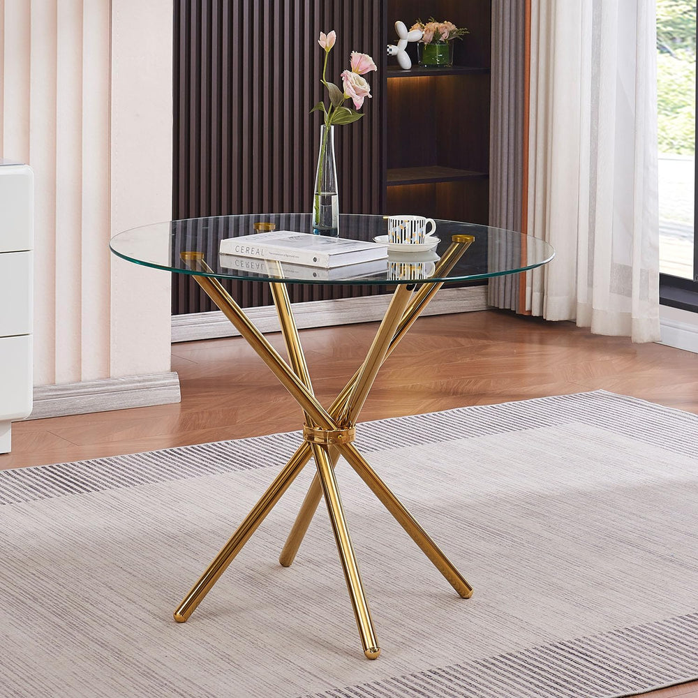 36" Round Glass Dining Room Table with Glass Top and Gold Legs for Kitch...