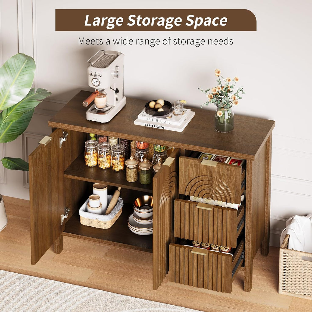 Sideboard Buffet Cabinet with Storage - Fluted Accent Coffee Bar Cabinets Kitchen Credenza with Drawers & Doors, Wood Console Side Board with Adjustable Shelf for Living Room Entryway, Walnut