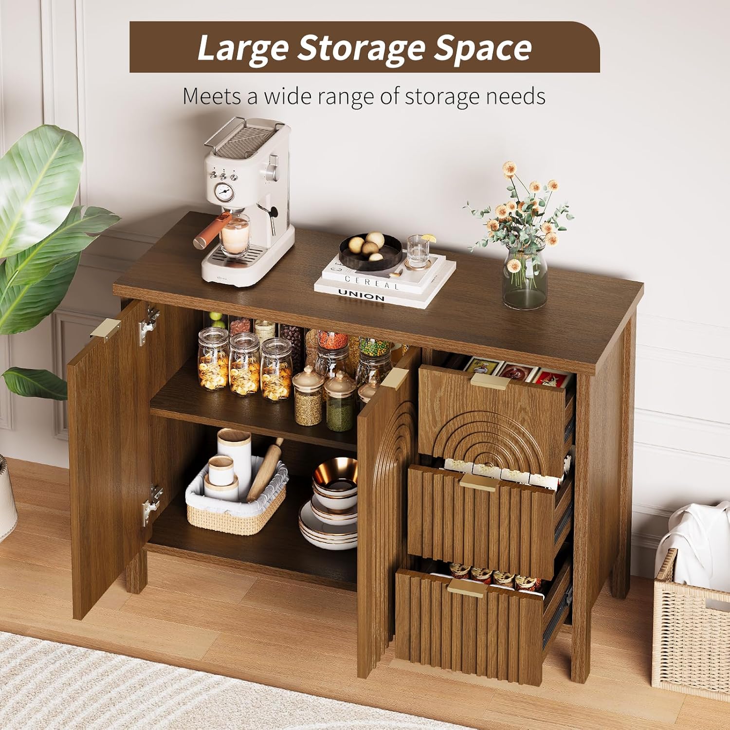 Sideboard Buffet Cabinet with Storage - Fluted Accent Coffee Bar Cabinets Kitchen Credenza with Drawers & Doors, Wood Console Side Board with Adjustable Shelf for Living Room Entryway, Walnut