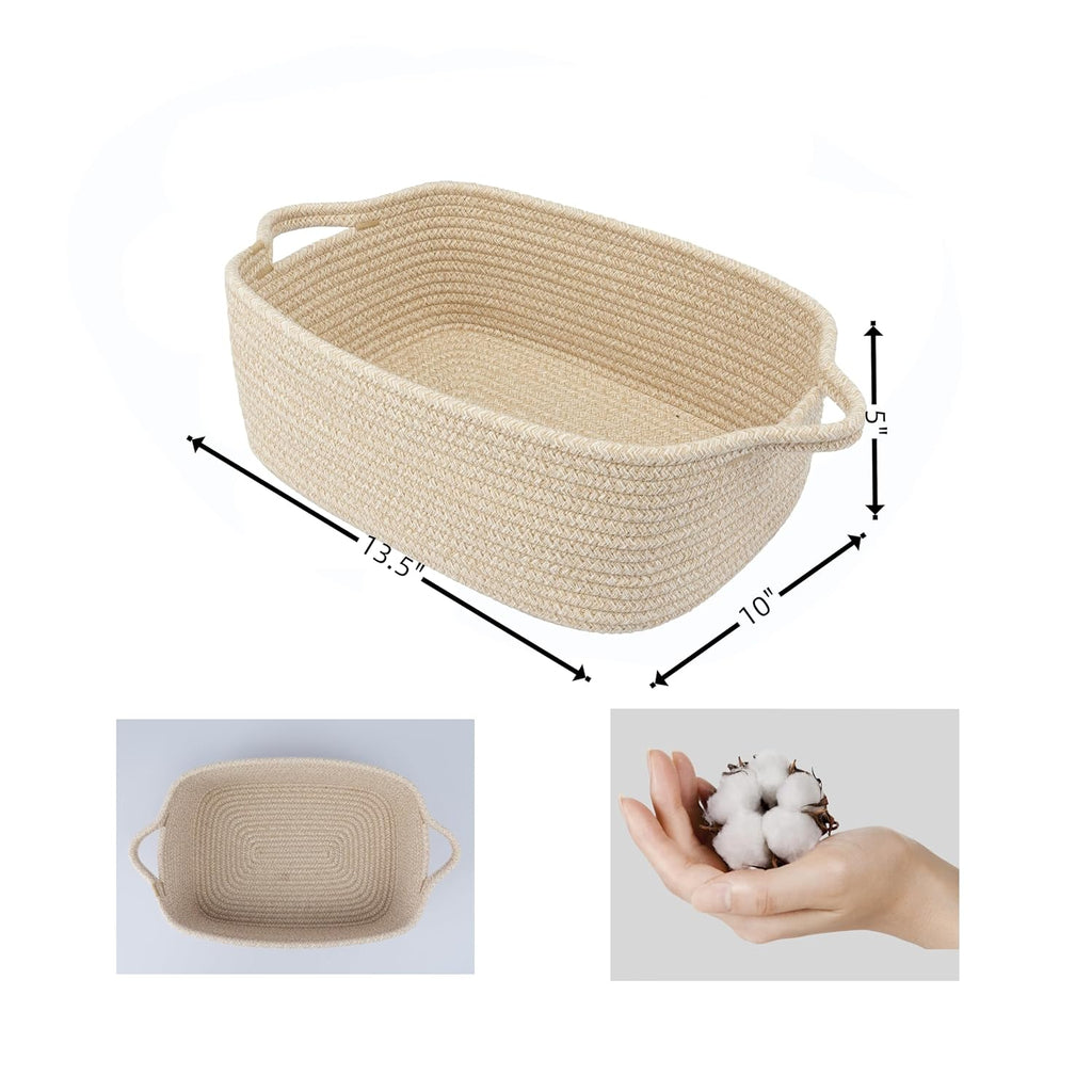 XUANGUO Medium Woven Cotton Rope Storage Basket with Handles, Oatmeal | Small decorative rectangle storage bin for baby nursery items and cat toys; ideal as an empty gift basket or dog toy basket