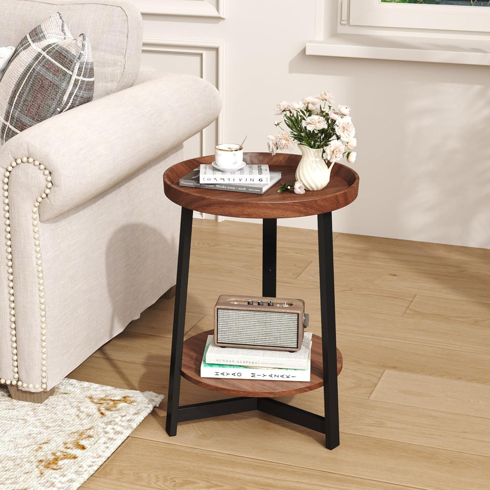 Industrial 2 Tier Round Side Table with Storage Shelf,Accent Tray End Table w...