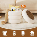 Soft Teddy Round Ottoman with Tray, 17.5 Inches Ottoman Coffee Table with Storage for Living Room, Vanity Stool with Storage Bedroom, Load up to 300 lb, No Assembly Required (White)