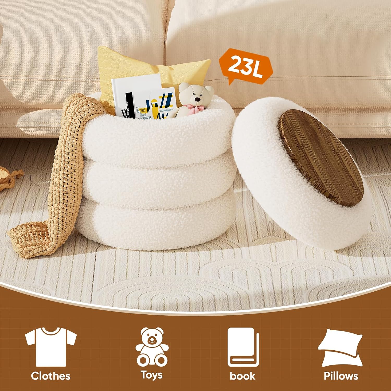 Soft Teddy Round Ottoman with Tray, 17.5 Inches Ottoman Coffee Table with Storage for Living Room, Vanity Stool with Storage Bedroom, Load up to 300 lb, No Assembly Required (White)