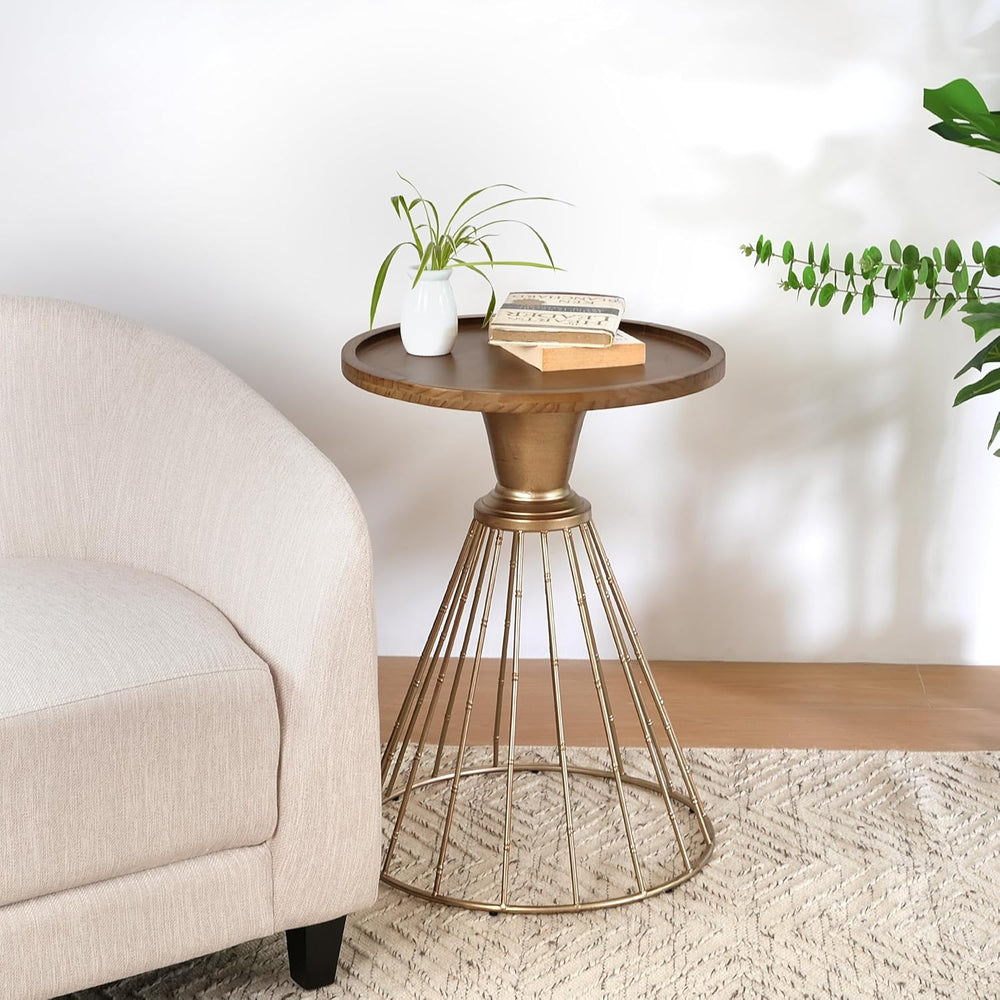 25" Pine Wood & Iron Side Table, End Table with Anti-Slip Concave To...