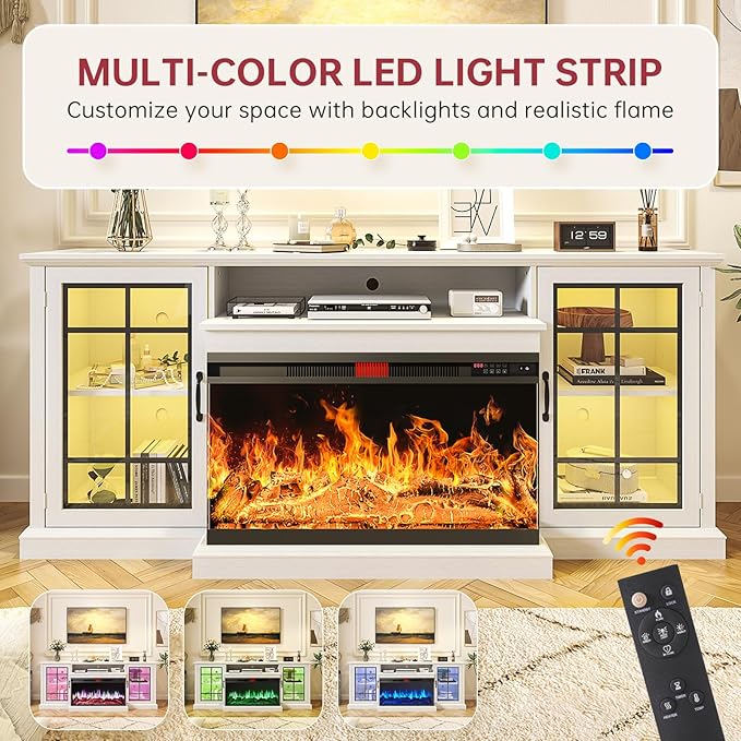 oneinmil 80'' Fireplace TV Stand with 3-Sided Glass, TV Cabinet for TVs up to 85", 80'' Modern Media Entertainment Center with Farmhouse Glass Door Storage Cabinets