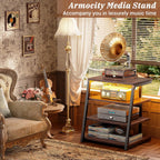 Armocity AV Media Stand, Stereo Stands and Racks Small Entertainment Center | Corner Shelf Stand with Power Strip & LED Lights, Audio Tower HIFI Rack Stereo Shelf CRT TV Stand, 4 Tier, Black Walnut