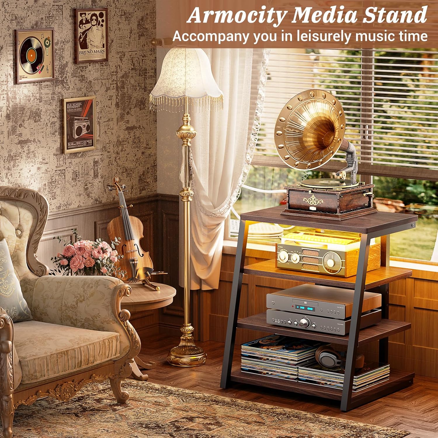 Armocity AV Media Stand, Stereo Stands and Racks Small Entertainment Center | Corner Shelf Stand with Power Strip & LED Lights, Audio Tower HIFI Rack Stereo Shelf CRT TV Stand, 4 Tier, Black Walnut