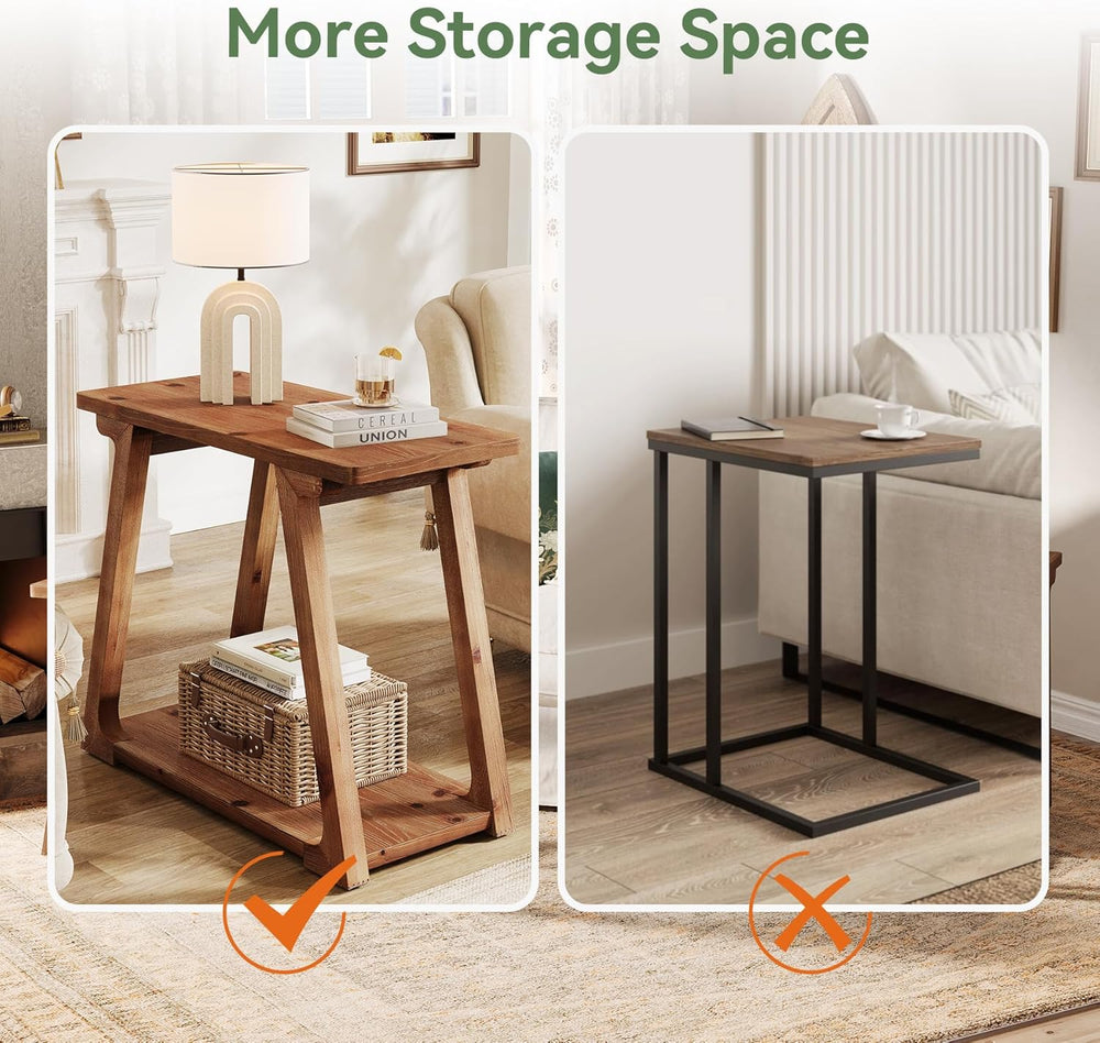 Solid Wood End Table for Living Room, 2-Tier Narrow Rustic Side Table, Rectan...