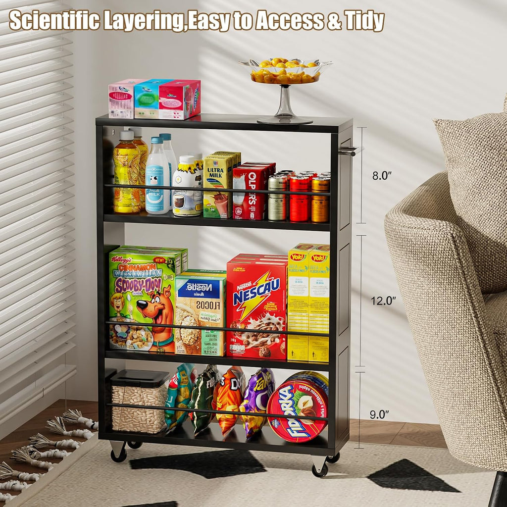 KLM 4 Tier Black Slim Storage Cart with Handle, Slide Out Storage Rolling Utility Cart for Kitchen, Laundry, Narrow Places-6.7" W
