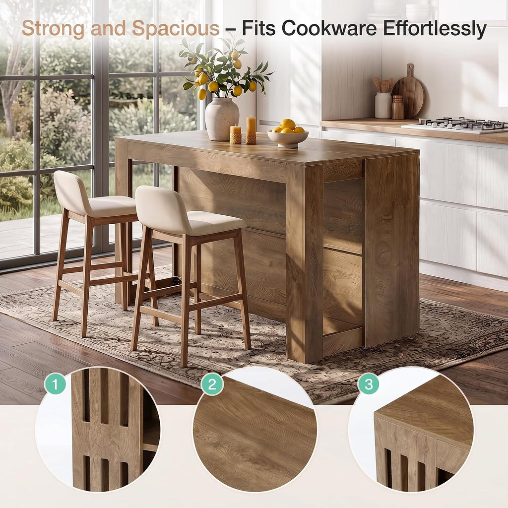 Tribesigns 55" Kitchen Island with Seating and Storage, Farmhouse Stationary Center Island Table with Spacious Worktop, 2-Tier Counter Height Table with Shelves for Dining Room, Kitchen, Brown
