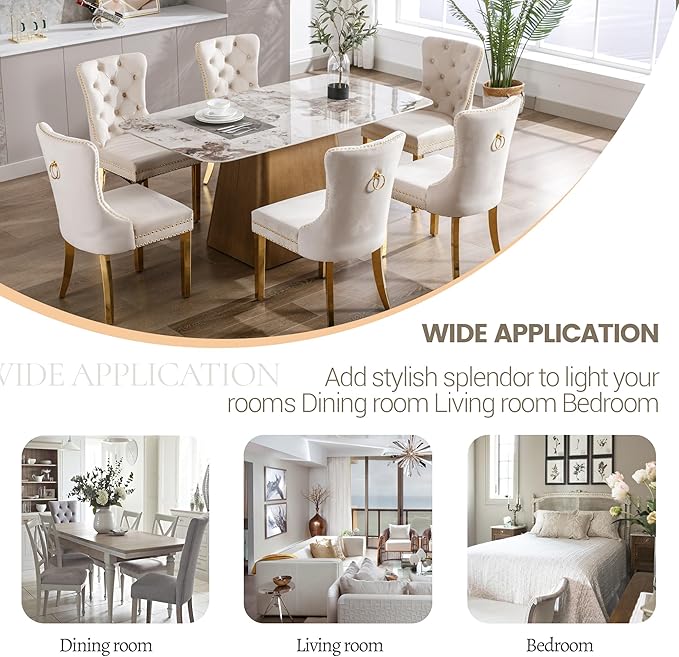 KCC Velvet Dining Chairs Set of 4, Upholstered High-end Tufted Dining Chair with Nailhead Back Ring Pull Trim Stainless Steel Legs, Contemporary Nikki Collection Modern Style for Kitchen, Beige