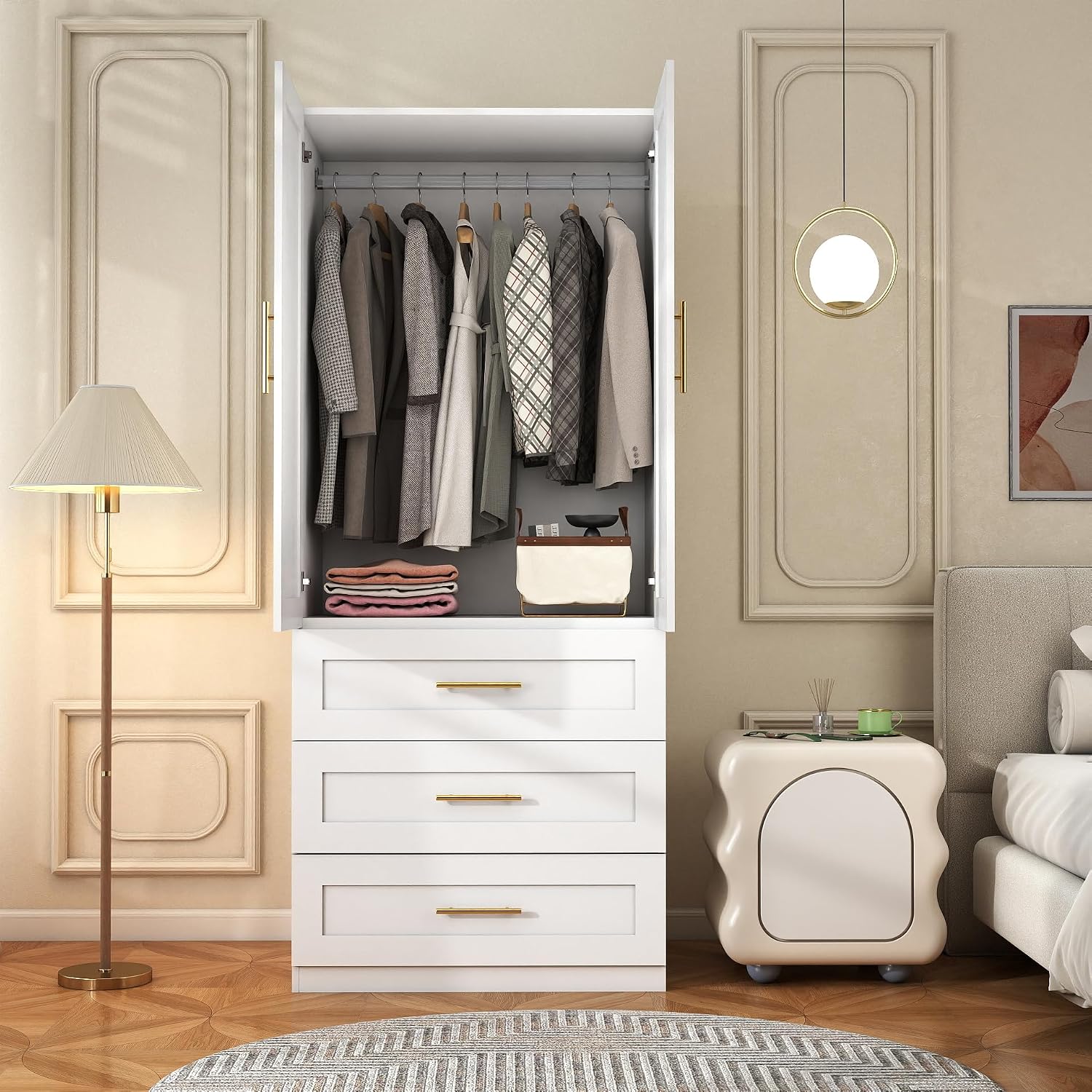 Armoire Wardrobe Closet with Drawers: 75" White Large Wardrobe Closet with Doors, Tall Clothes Cabinets for Bedroom, Wood Clothes Armoire with Hanging Rod