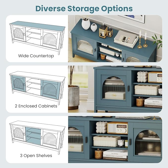 Giantex Farmhouse TV Stand for TVs up to 65", Modern Vintage Entertainment Center w/Storage, Adjustable Shelves, Cable Holes&Glass Doors, Media TV Console Table for Bedroom, Living Room (Teal Blue)