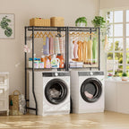 Golpart Over Washer and Dryer Shelves,2 Tier Adjustable Height Wire Shelving Laundry Room Storage Organization Clothes Drying Rack with Hanger Rod&Hooks,Space Saving Organizers Shelf,Black