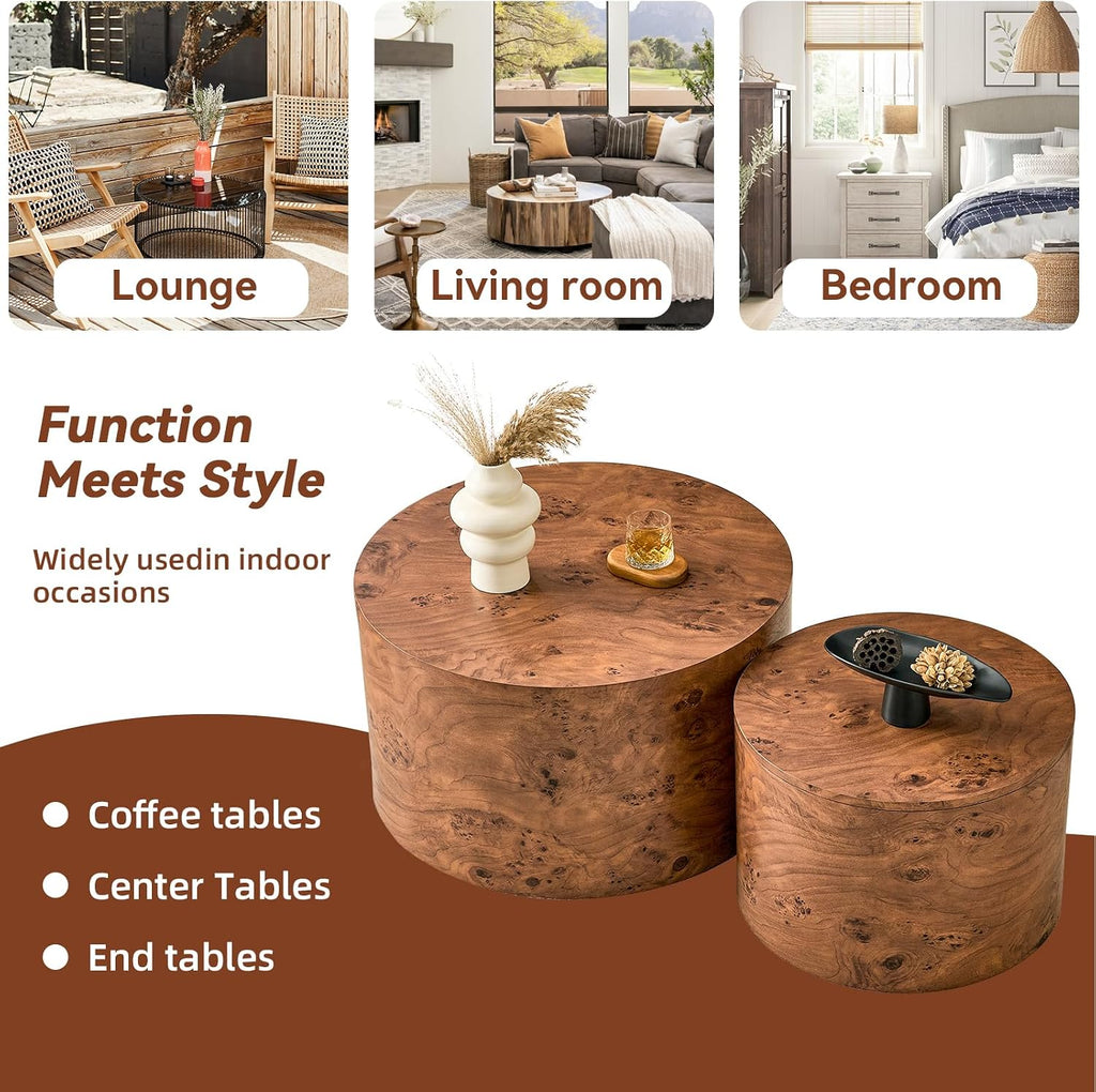 Round Nesting Coffee Tables Set of 2,Modern Coffee Table with Burl Wood Grain Finish, Round Center Table Side End Table with Storage for Living Room Office (24.8in+17.3in),Brown