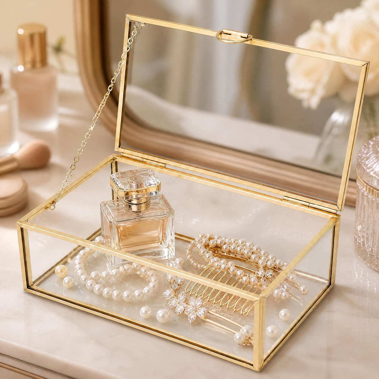 Glass Jewelry Box with Lid, Gold Metal Frame Trinket Box, Clear Display Case for Rings Earrings Necklace Bracelet, Small Jewelry Organizer for Vanity Bathroom Dresser Countertop Storage Box