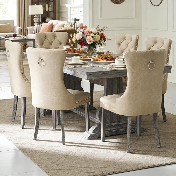 Kiztir Leather Dining Chairs Set of 6, Upholstered Dining Room Chair with Nailhead Trim and Solid Wood Legs, Luxury Wingback Dining Side Chair for Living Room, Bedroom, Kitchen (Beige)