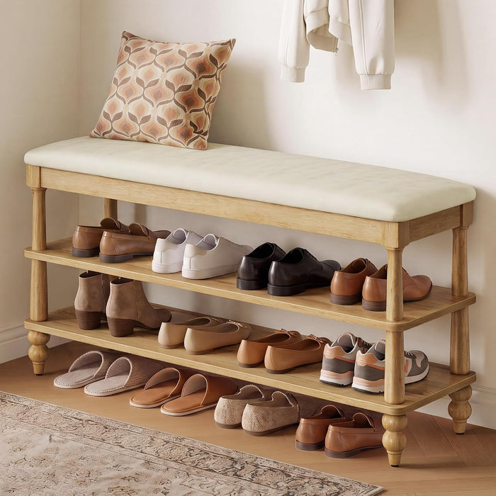 VASAGLE Mariel Collection - Shoe Bench, Wooden Entryway Bench with Padded Seat, 2-Tier Shoe Storage Rack, 39.4 x 11.6 x 19.7 inches, for Entryway and Bedroom, Natural Brown ULSB200K101S